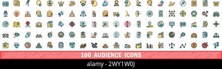 100 audience icons set. Color line set of audience vector icons thin line color flat on white Stock Vector