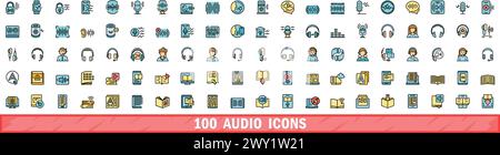 100 audio icons set. Color line set of audio vector icons thin line color flat on white Stock Vector