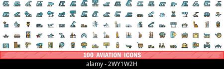 100 aviation icons set. Color line set of aviation vector icons thin line color flat on white Stock Vector