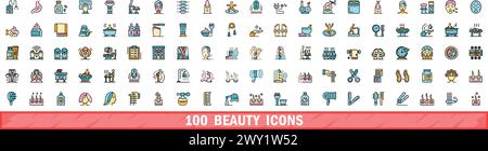 100 beauty icons set. Color line set of beauty vector icons thin line color flat on white Stock Vector