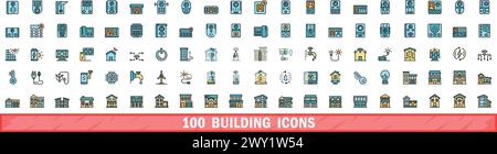 100 building icons set. Color line set of building vector icons thin line color flat on white Stock Vector