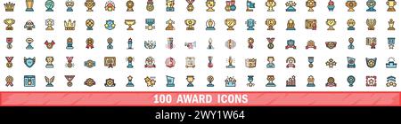 100 award icons set. Color line set of award vector icons thin line color flat on white Stock Vector