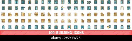 100 building icons set. Color line set of building vector icons thin line color flat on white Stock Vector