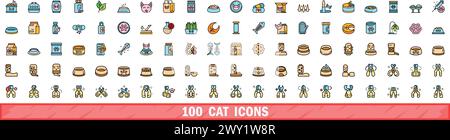 100 cat icons set. Color line set of cat vector icons thin line color flat on white Stock Vector