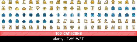 100 cat icons set. Color line set of cat vector icons thin line color flat on white Stock Vector