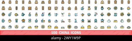 100 china icons set. Color line set of china vector icons thin line color flat on white Stock Vector