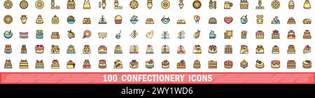 100 confectionery icons set. Color line set of confectionery vector icons thin line color flat on white Stock Vector