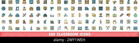 100 classroom icons set. Color line set of classroom vector icons thin line color flat on white Stock Vector