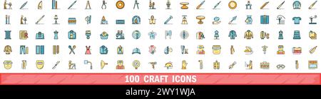 100 craft icons set. Color line set of craft vector icons thin line color flat on white Stock Vector