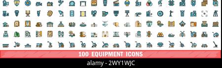 100 equipment icons set. Color line set of equipment vector icons thin line color flat on white Stock Vector