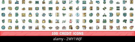 100 credit icons set. Color line set of credit vector icons thin line color flat on white Stock Vector