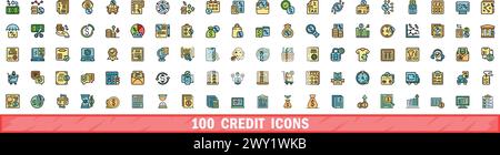 100 credit icons set. Color line set of credit vector icons thin line color flat on white Stock Vector