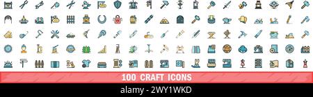 100 craft icons set. Color line set of craft vector icons thin line color flat on white Stock Vector