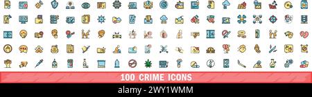 100 crime icons set. Color line set of crime vector icons thin line color flat on white Stock Vector