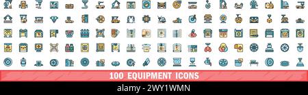 100 equipment icons set. Color line set of equipment vector icons thin line color flat on white Stock Vector