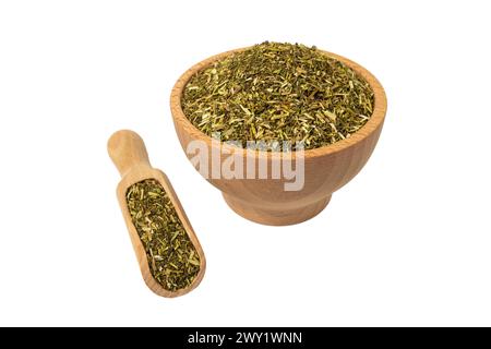 passion flower herb in latin - passiflora incarnata in wooden bowl and scoop isolated on white background. Passiflora incarnata, commonly known as may Stock Photo