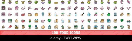 100 food icons set. Color line set of food vector icons thin line color flat on white Stock Vector