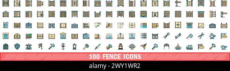 100 fence icons set. Color line set of fence vector icons thin line color flat on white Stock Vector