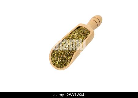 passion flower herb in latin - passiflora incarnata in wooden scoop isolated on white background. Medicinal herb. Passiflora incarnata, commonly known Stock Photo