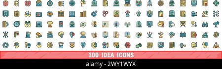 100 idea icons set. Color line set of idea vector icons thin line color flat on white Stock Vector
