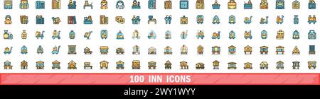 100 inn icons set. Color line set of inn vector icons thin line color flat on white Stock Vector