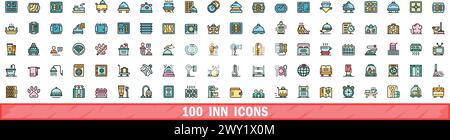 100 inn icons set. Color line set of inn vector icons thin line color flat on white Stock Vector