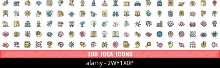 100 idea icons set. Color line set of idea vector icons thin line color flat on white Stock Vector