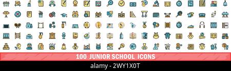 100 junior school icons set. Color line set of junior school vector icons thin line color flat on white Stock Vector
