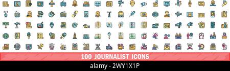 100 journalist icons set. Color line set of journalist vector icons thin line color flat on white Stock Vector