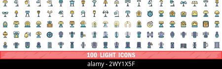 100 light icons set. Color line set of light vector icons thin line color flat on white Stock Vector