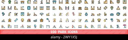 100 park icons set. Color line set of park vector icons thin line color flat on white Stock Vector