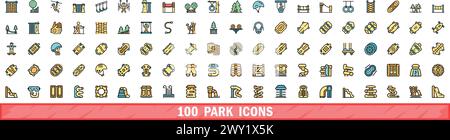 100 park icons set. Color line set of park vector icons thin line color flat on white Stock Vector