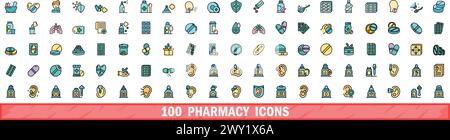 100 pharmacy icons set. Color line set of pharmacy vector icons thin line color flat on white Stock Vector