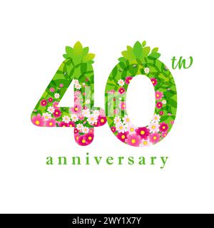Creative green and pink number 40. 40th anniversary concept. Number logo. Up to 40 percent off sale icon. Floral design. Isolated graphic with vector Stock Vector