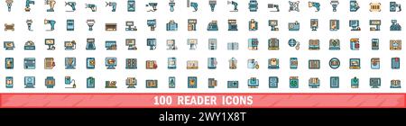 100 reader icons set. Color line set of reader vector icons thin line color flat on white Stock Vector