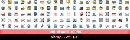 100 reader icons set. Color line set of reader vector icons thin line color flat on white Stock Vector