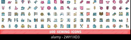 100 sewing icons set. Color line set of sewing vector icons thin line color flat on white Stock Vector