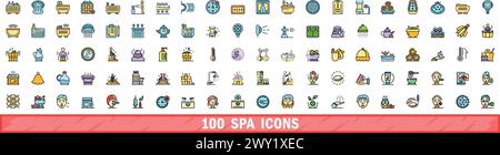 100 spa icons set. Color line set of spa vector icons thin line color flat on white Stock Vector