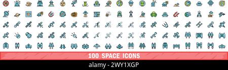 100 space icons set. Color line set of space vector icons thin line color flat on white Stock Vector