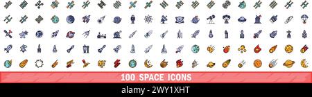 100 space icons set. Color line set of space vector icons thin line color flat on white Stock Vector