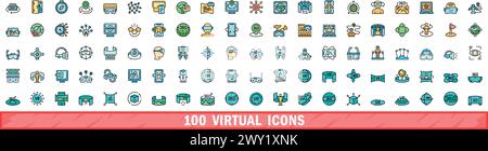 100 virtual icons set. Color line set of virtual vector icons thin line color flat on white Stock Vector