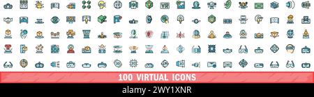 100 virtual icons set. Color line set of virtual vector icons thin line color flat on white Stock Vector