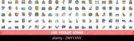100 voyage icons set. Color line set of voyage vector icons thin line color flat on white Stock Vector