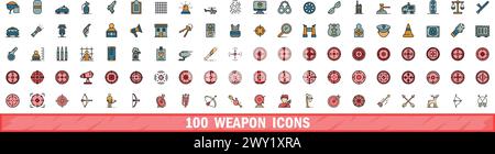 100 weapon icons set. Color line set of weapon vector icons thin line color flat on white Stock Vector