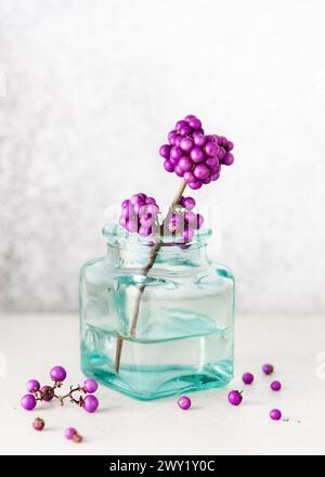 Amazing bouquet of branch with purple beauty berries in a mini turquoise glass vase. Romantic minimal floral still life. Stock Photo