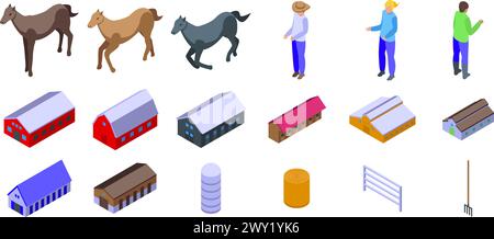 Farm stable icons set isometric vector. Wooden interior. House ranch Stock Vector