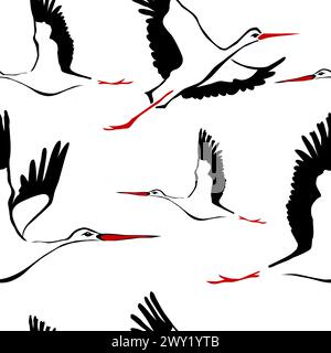 Seamless pattern with flying birds. Crane. Heron. Japanese pattern. Ornament with oriental motifs. Not AI, Vector illustration Stock Vector