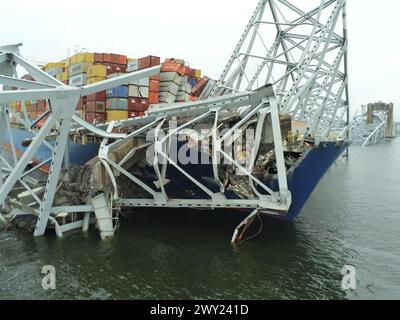The Motor Vessel Dali is shown with the collapsed Francis Scott Key Bridge on March 28, 2024, in Baltimore. The Key Bridge Response Unified Command priorities are ensuring the safety of the public and first responders, accountability of missing persons, safely restoring transportation infrastructure and commerce, protecting the environment, and supporting the investigation. (U.S. Coast Guard photo) Stock Photo