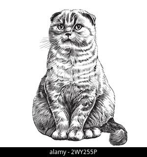 Scottish fold cat portrait sketch hand drawn sketch, engraving style vector illustration. Stock Vector