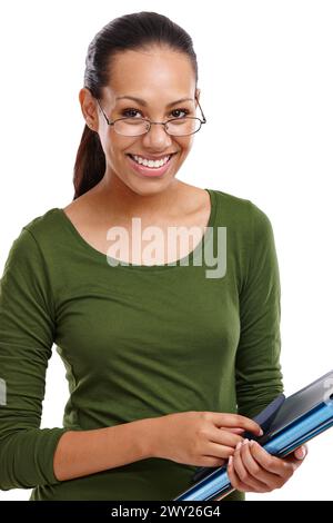 Portrait, female and student with glasses folder for educational study notes to learn. Happy, person and academic paper for reading, studying and Stock Photo